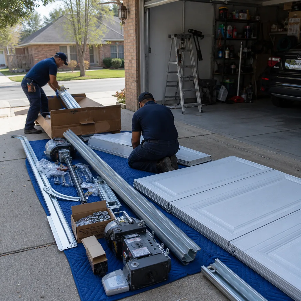 Two professional technicians installing a new residential garage door