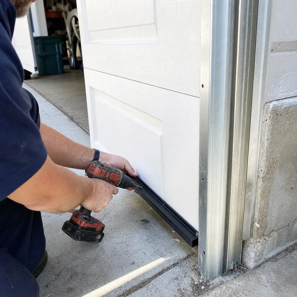 Technician installing a rubber bottom seal on a garage door