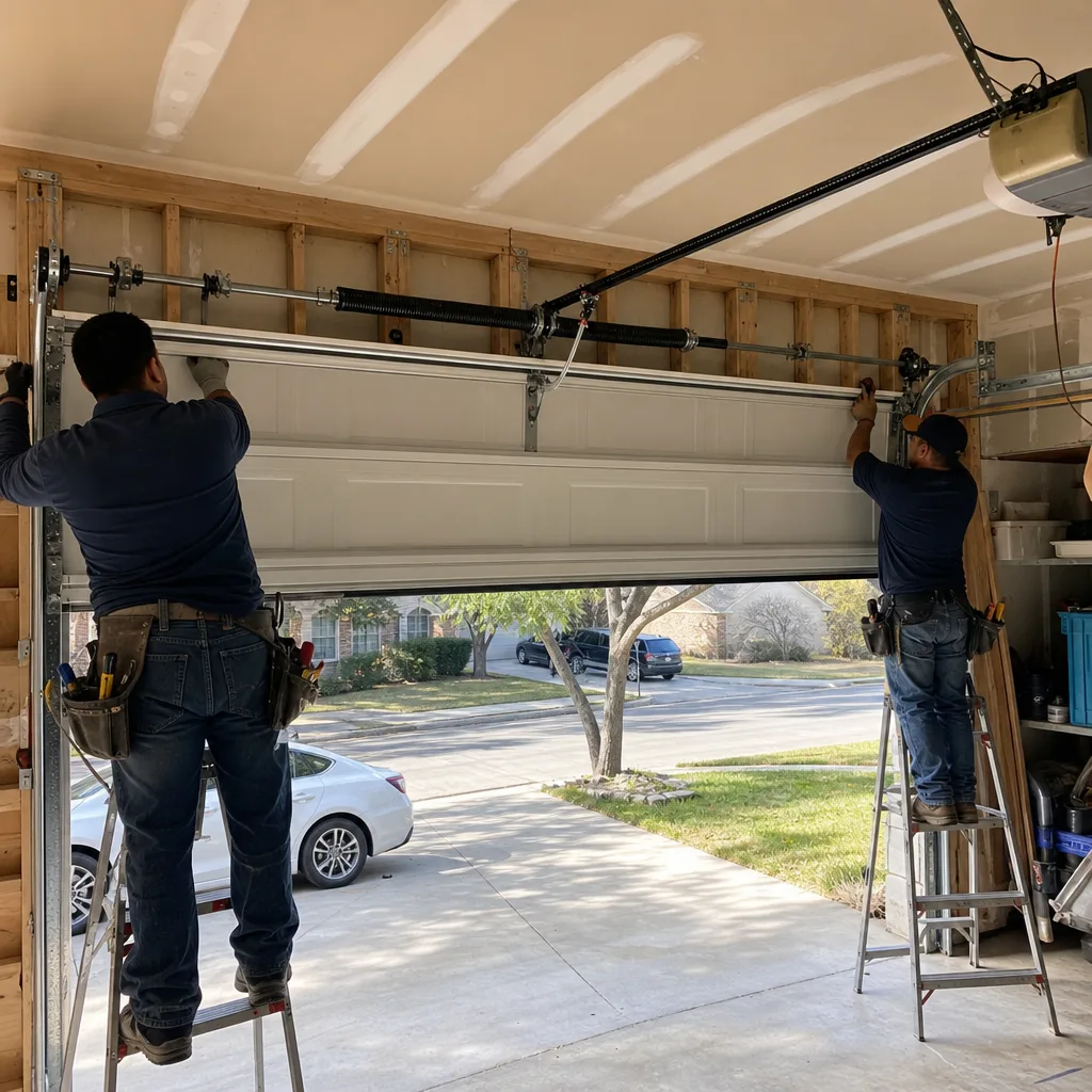 Two professional technicians installing a new residential garage door