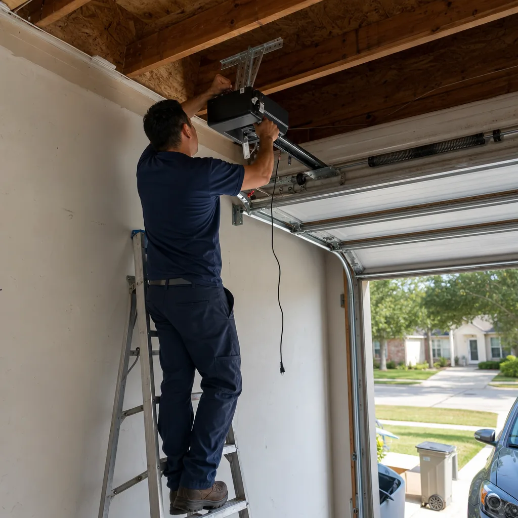 Technician performing professional garage door opener repair and installation