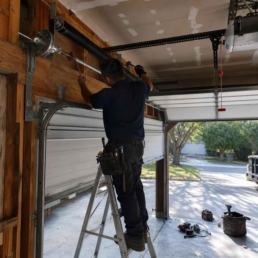 Professional technician repairing a garage door tension spring system