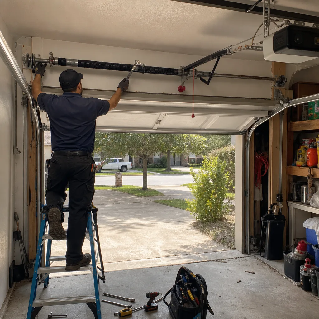 Technician performing professional garage door torsion spring repair on a ladder