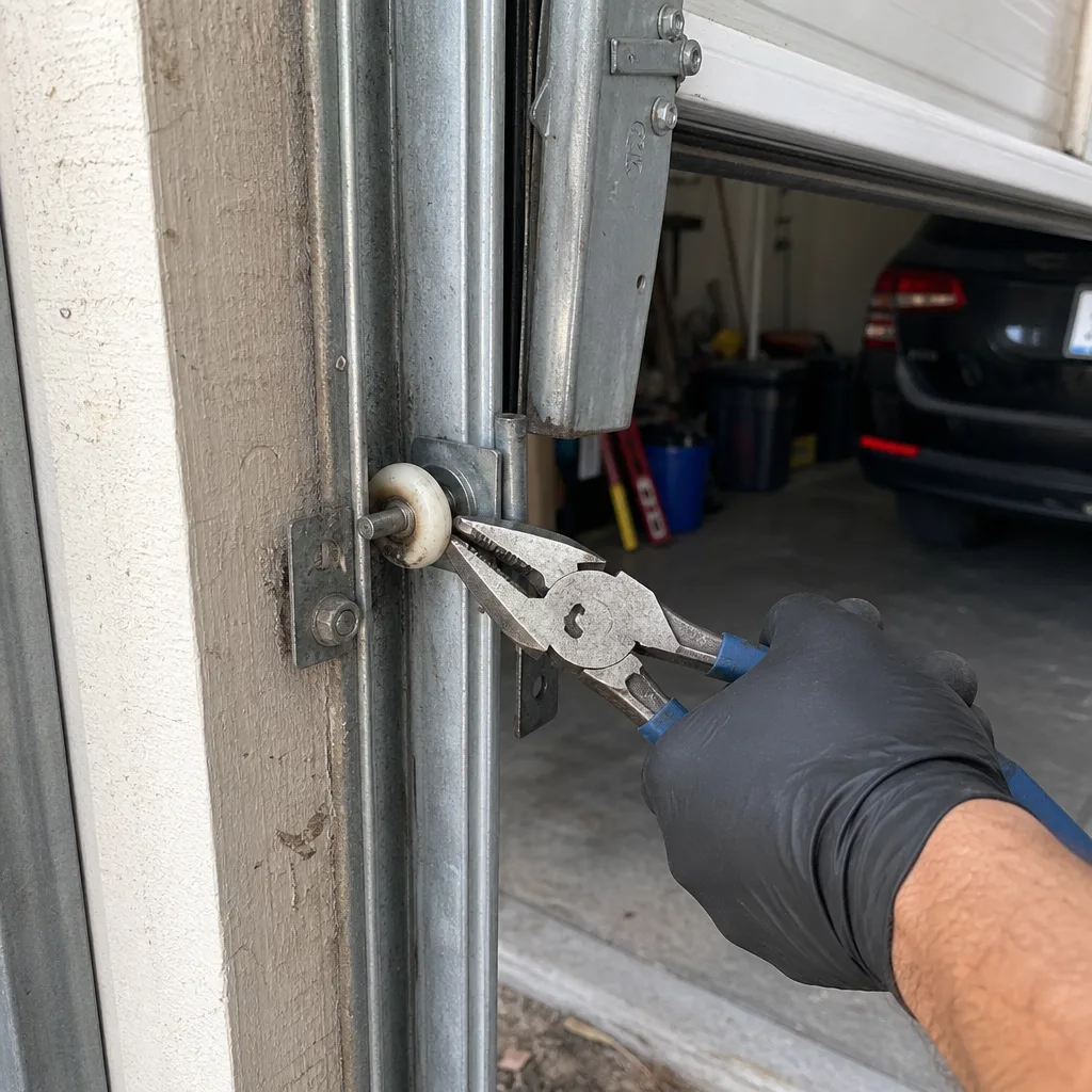 Technician using pliers to repair a garage door roller on track